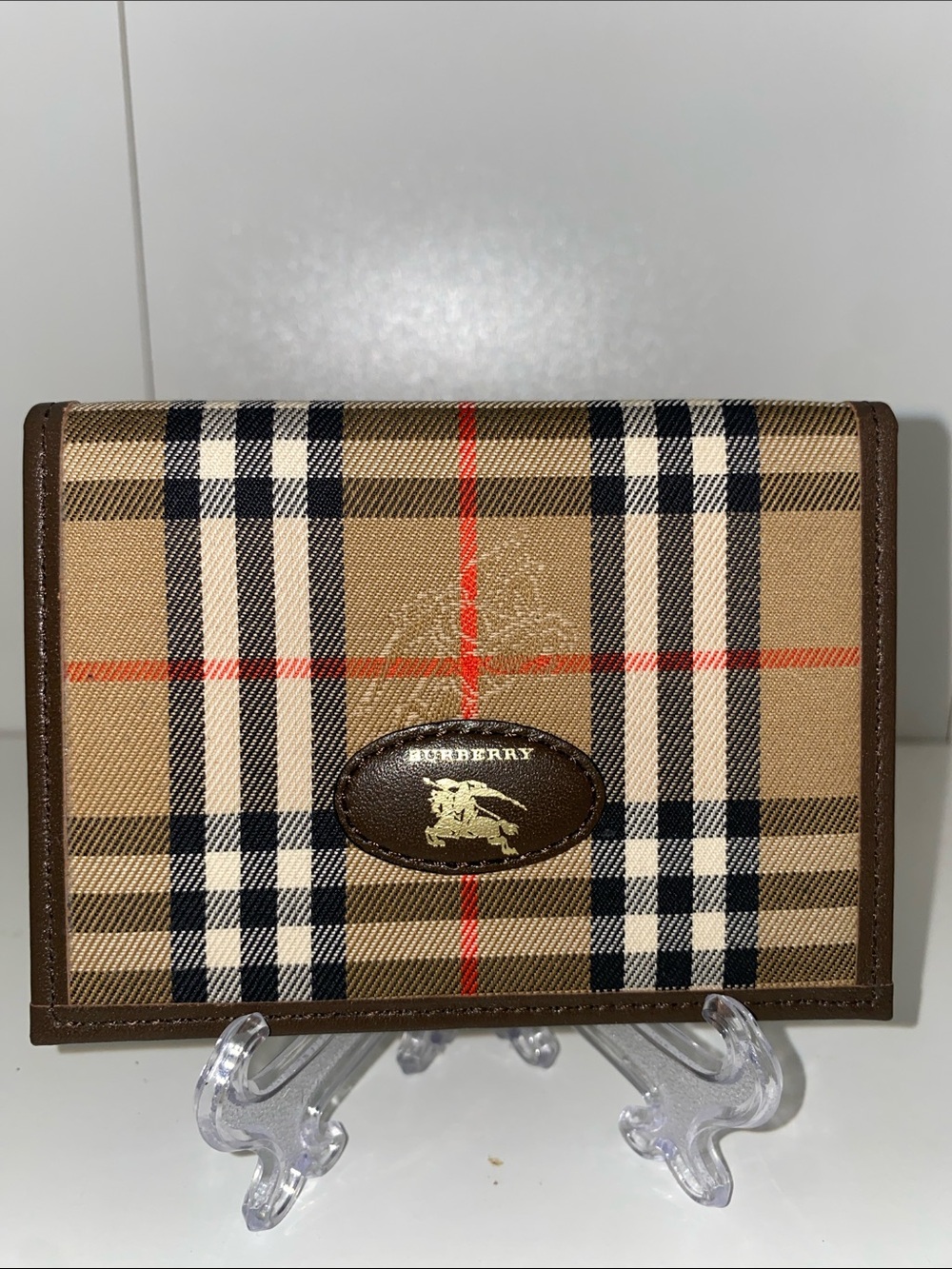 Authentic Burberry Tan Plaid Card Holder Wallet Brown Leather Trim